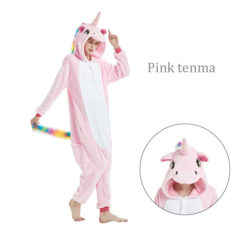 Пижама кигуруми, единорог, дракон, Комбинезоны для женщин и мужчин, теплая одежда для сна, костюмы для взрослых, кугуруми, пижама с котом - Цвет: pink tenma