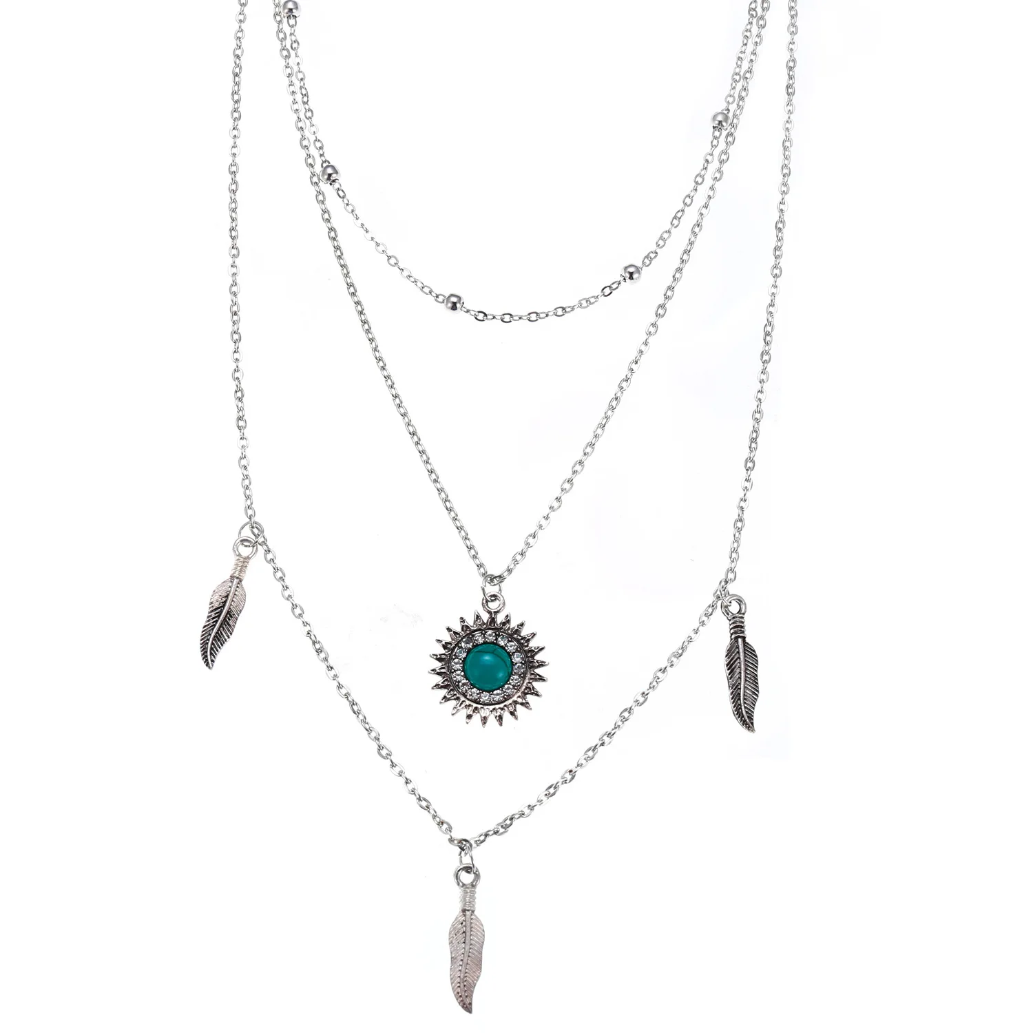 Bohomia три перья Sunbead многослойное ожерелье, цепь с металла золота Цвет для Для женщин в этническом стиле Винтаж ювелирное изделие, опт