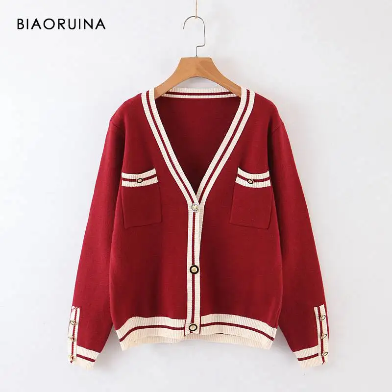 Красный BIAORUINA женский элегантный стиль хит цвет вязаный кардиган женский v-образный вырез однобортный английский стиль свитер открытый стежок - Цвет: Красный