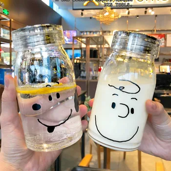 

550ml Glass Water Bottle Cartoon Mickey Bottles Cute Water Bottle Transparent Milk Carton Water Bottle for Kids/Girl/Adult Glass