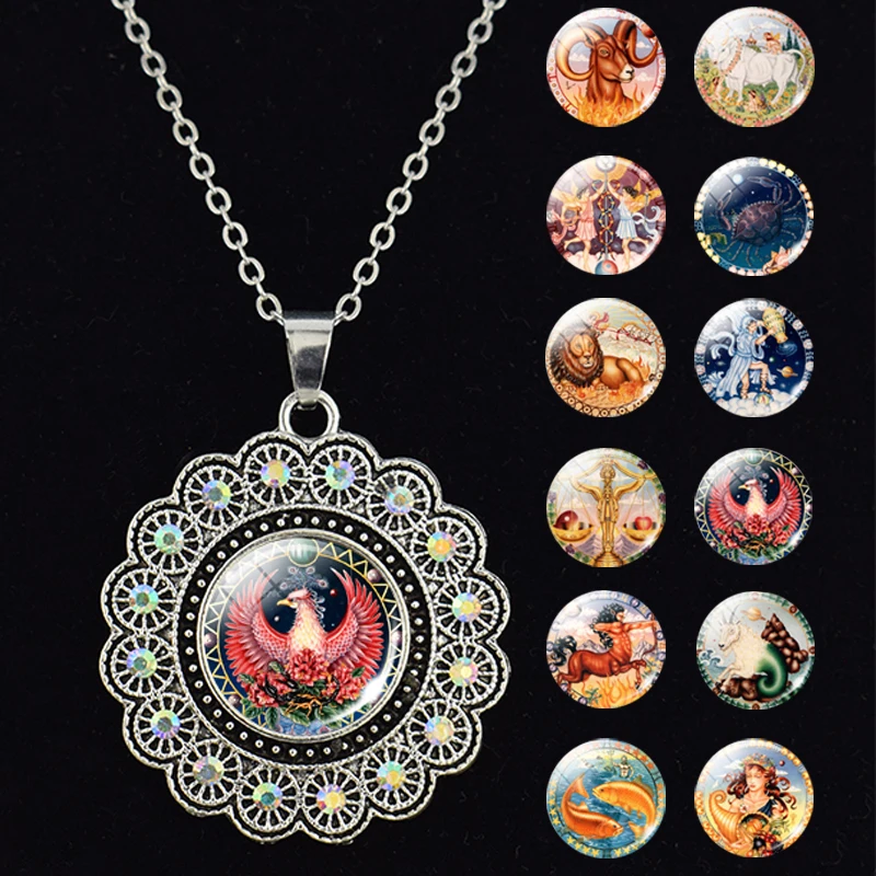 

12 Zodiac Sign Flower Pendant Necklace 12 Constellation Long Chains Necklace for Women Party Vacation Gifts Jewelry Accessories