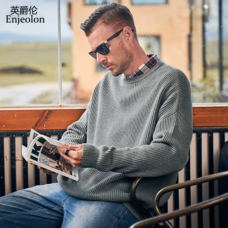 

Enjeolon Brand New Autumn Winter Thick Warm Sweater Men O-neck Solid Loose Mens Sweaters Pullover Men Knitwear Over Size MY3432