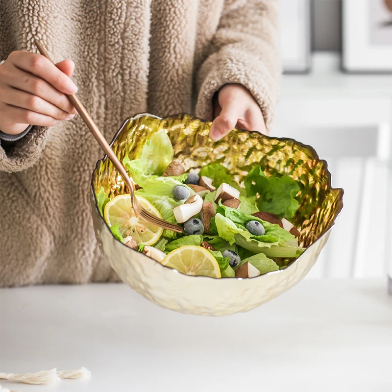 

Japanese Household Irregular Large Electroplated Gold Foil Glass Bowl Salad Bowl Vegetable Fruit Bowls