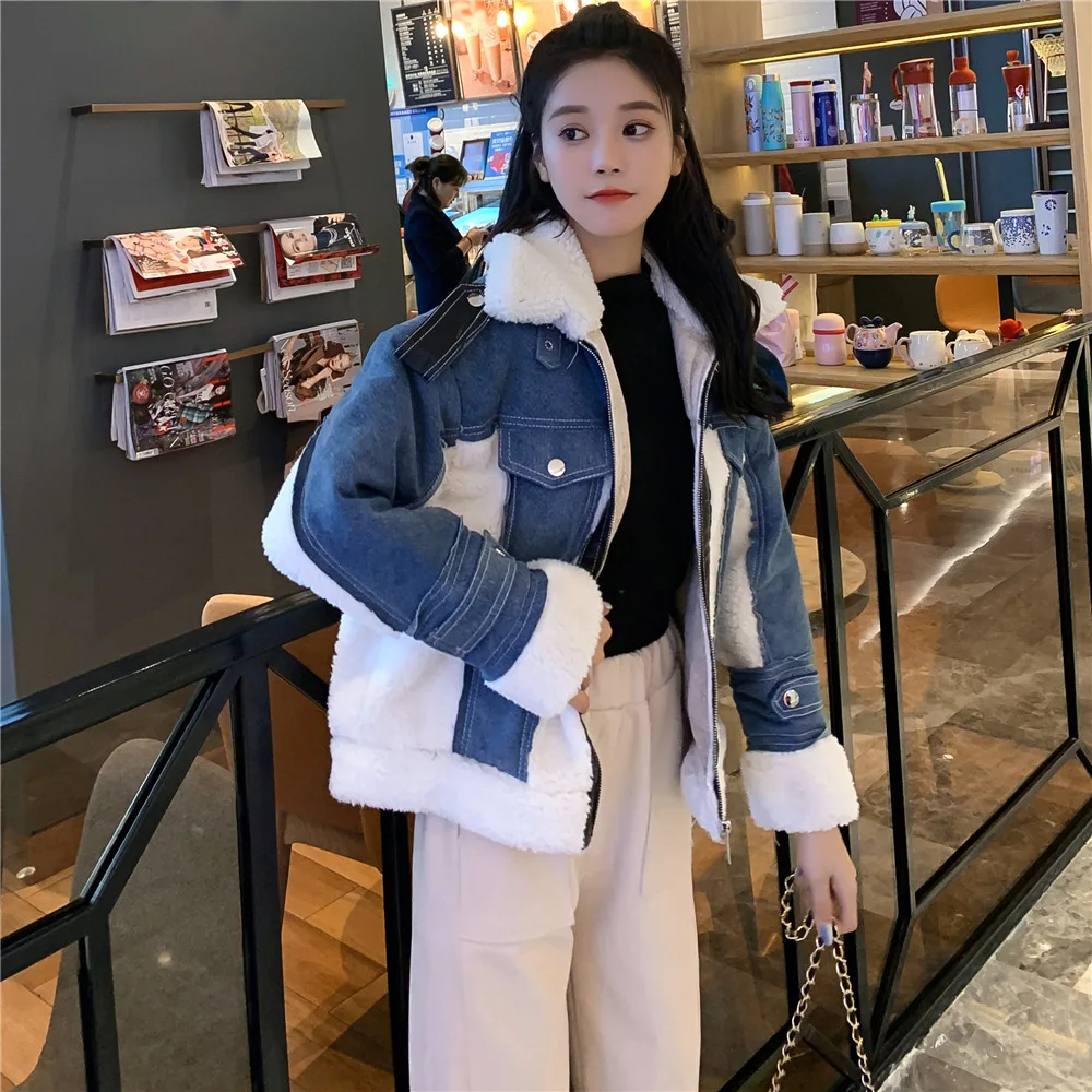 

Lambs Wool Coat Women's Loose-Fit Korean-style Autumn And Winter INS Cowboy Joint Tops 2019 New Style Versatile Cotton Coat