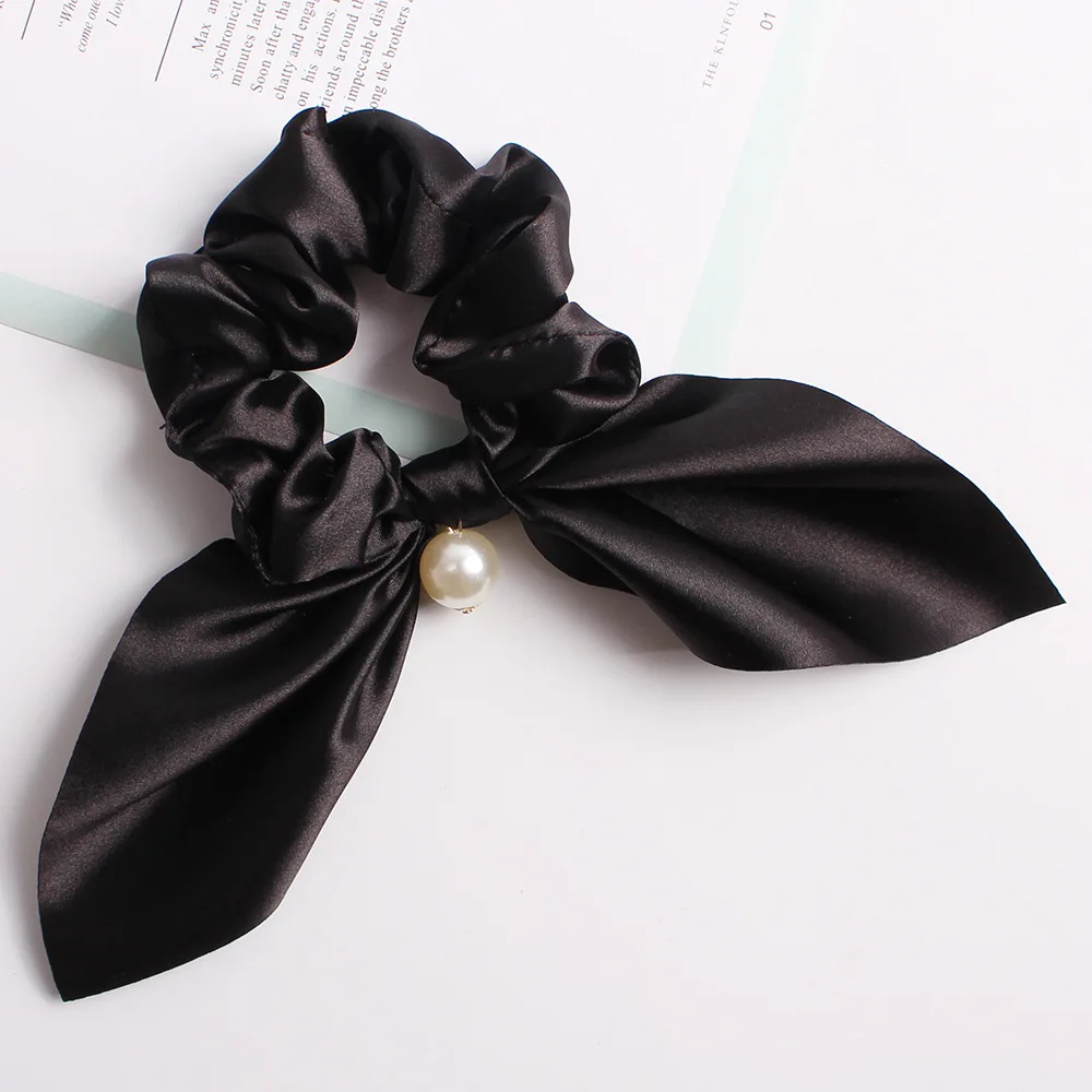 B-black Pure Color Elastic Hair Band Rabbit Ear Bow Pearl Hair Rope Satin Ponytail Scrunchie Hair Tie For Women Headband Hair Accessorie - Цвет: B-black