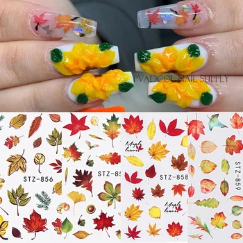 

4pcs Fall Leaves Nail Art Stickers Gold Yellow Maple Leaf Water Decals Sliders Foil Manicure Accessories