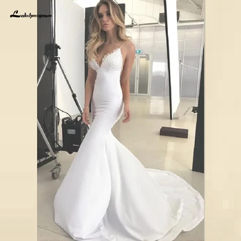 

Lakshmigown Spaghetti Straps Mermaid Wedding Dresses Lace Neckline Sexy Bridal Dress Open Back Mariage Beach Wedding Dress 2020