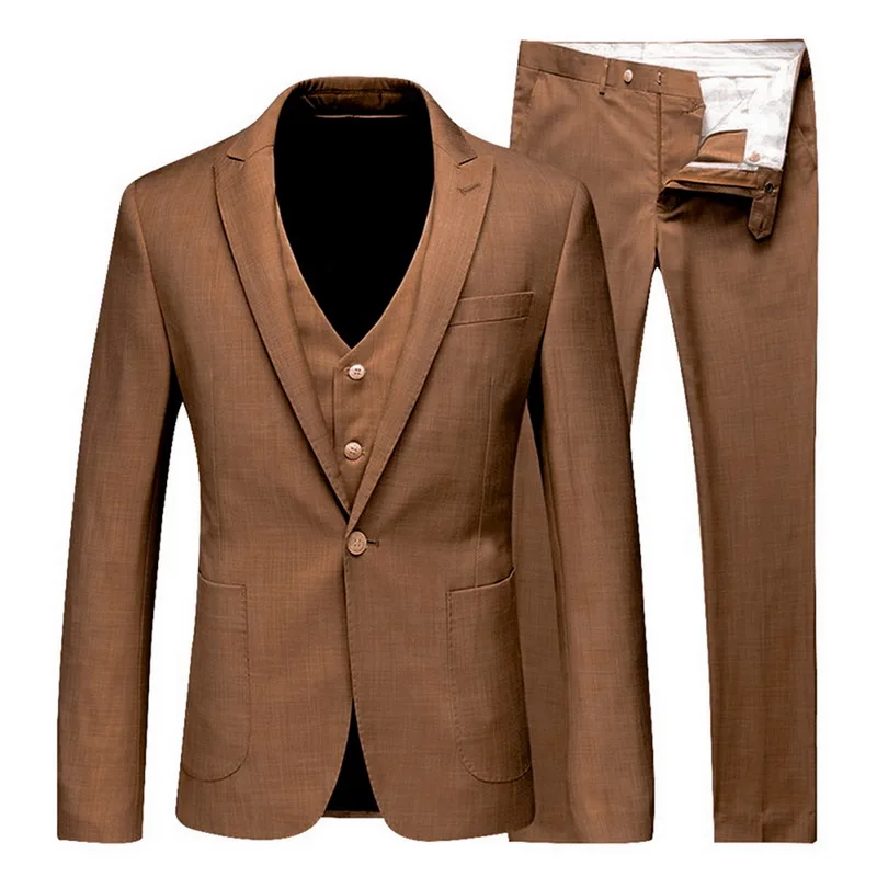 Мужские модные тонкие костюмы, мужская деловая повседневная одежда, костюм из трех предметов, пиджак, брюки, комплекты - Цвет: Brown-2
