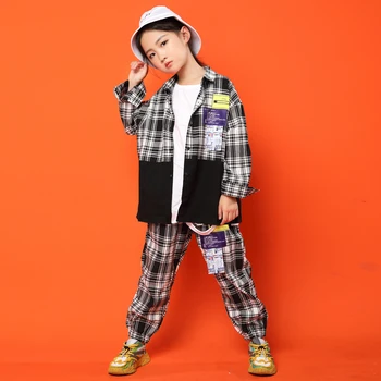 

Korean Style Long Sleeves Plaid Shirt Pants Set Children's Jazz Dance Costumes Kids Street Dancewear Boys Girls Hip Hop Clothing