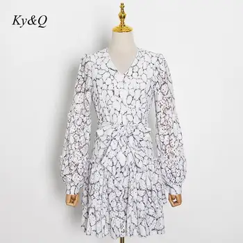 

Brand Design 2020 Autumn Fashion Black White Print Sexy Hollow Out Sexy V-neck Lantern Sleeve Dress Women Party Clothes Vacation
