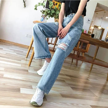 

High-waisted Jeans Women Nine-point Summer Preppy Ripped Jeans for Wide-leg Women's Wear