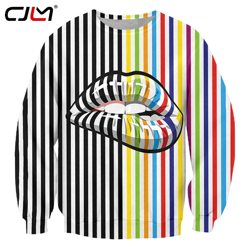 

CJLM New 3D Flame Lips Stripes Sweatshirt Printed Mens Gothic Pullover Hot Sale Unisex Clothing Recommend