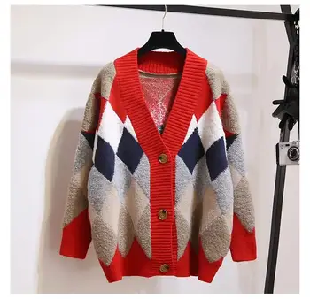 

Autumn Winter Women Plaid Sweater Casual Fashion Large Size Knitting Sweater Jacket Grid Loose Printed Cardigan Coat