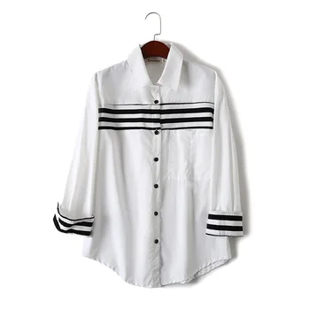 

Big Code Women's Wear 2020 Long Sleeve Shirt Fat Mm Leisure Slim Stripes Splicing White Shirt 071