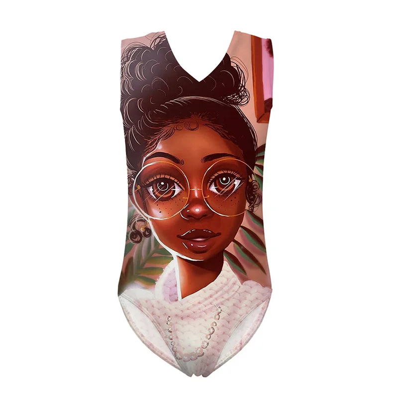 

HYCOOL Cartoon Black African Girl Wear Pearl necklace Pattern One Piece Swimsuit Junior Girls Swimwear Children Bathing Suits