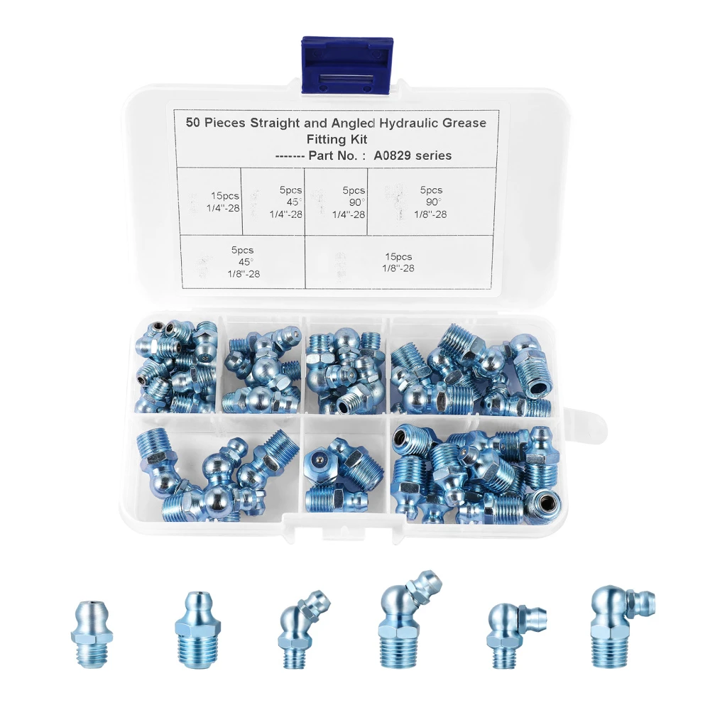 UKCOCO 50Pcs A0829 Grease Fitting Assortment Kit Hydraulic Zerk Grease