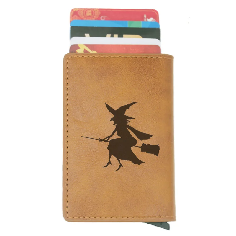 

Classic Fashion Halloween witch Rfid Card Holder Men Wallets Brown Short Purse Leather Slim Wallets Mini Wallet