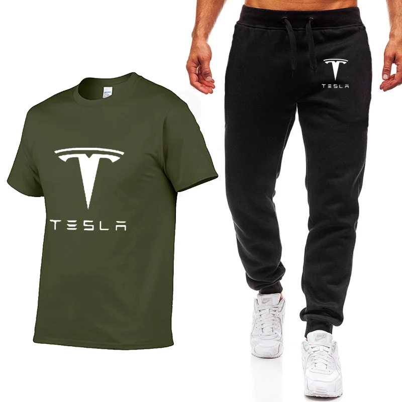 Модные летние мужские футболки Tesla с логотипом автомобиля, повседневная хлопковая футболка с коротким рукавом высокого качества, штаны, мужская одежда - Цвет: 07