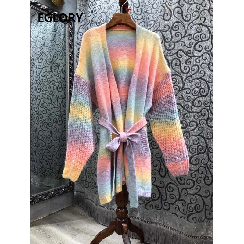 

2020 Autumn Winter Fashion Cardigan Sweaters Women Sweet Rainbow Color Print Knitting Belted Long Sleeve Cardigan Tops Coat