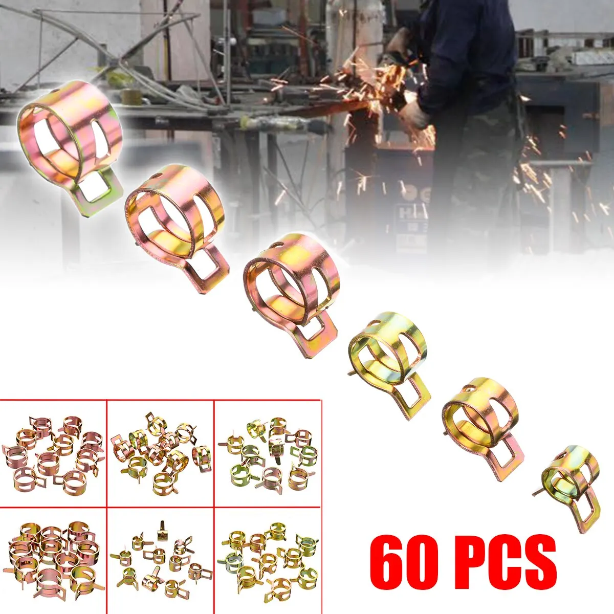 60pcs/set 7mm 10mm 11mm 14mm 16mm 17mm Fuel Hose Clamps Gasoline Clamps Set Spring Hose Clamps Clip Assortment Set