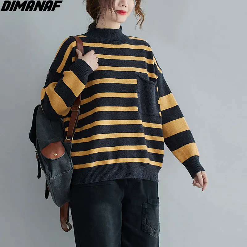 

DIMANAF 2020 Plus Size Women Turtleneck Sweaters Knitting Warm Spliced Colors Fashion Casual Striped Print Autumn New Loose Tops