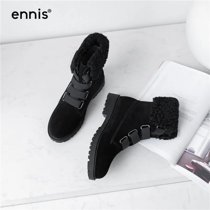 ENNIS Black Flat Boots Women Cow Suede Leather Snow Boots Winter Ankle Boots Female Warm Plush Shoes Designer Lace Up Shoe A9322