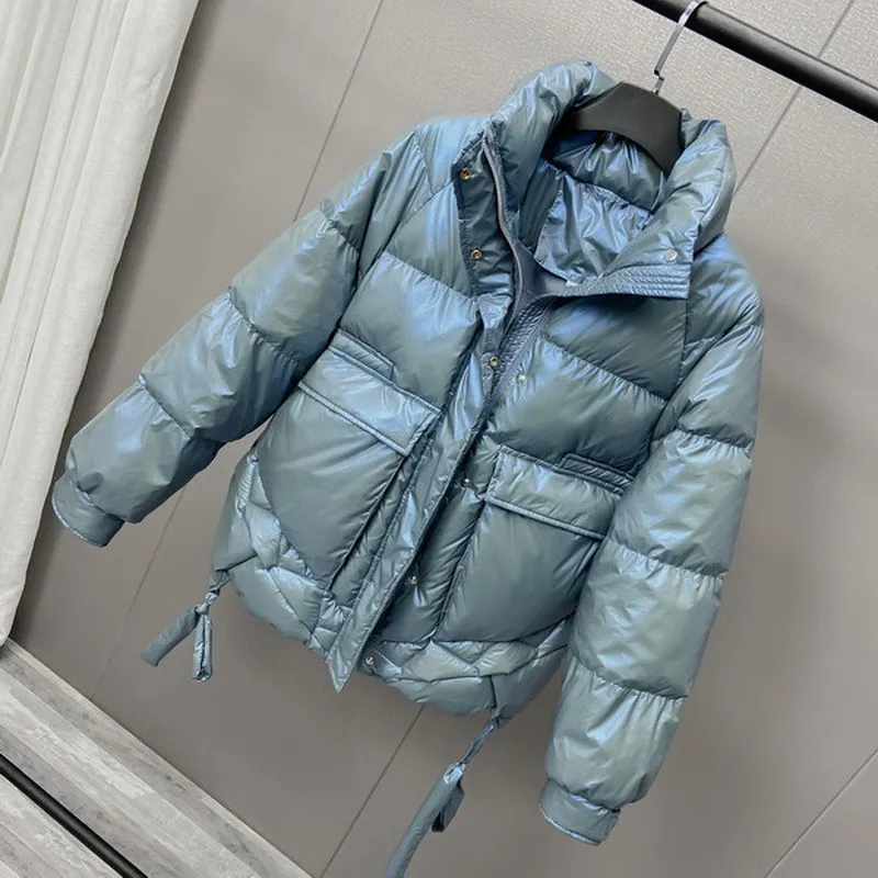 

2020 New Winter Casual White Duck Down Jacket Women Thick Short Stand Collar Office Lady Glossy Down Coat