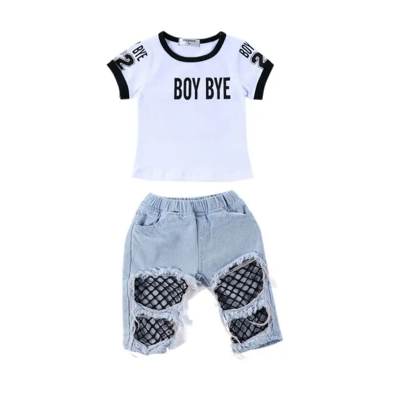 

TSummer Baby Girls Clothes Casual Short Sleeve Letters Print T-shirt Tops+Hole Mesh Denim Pants Costume Set