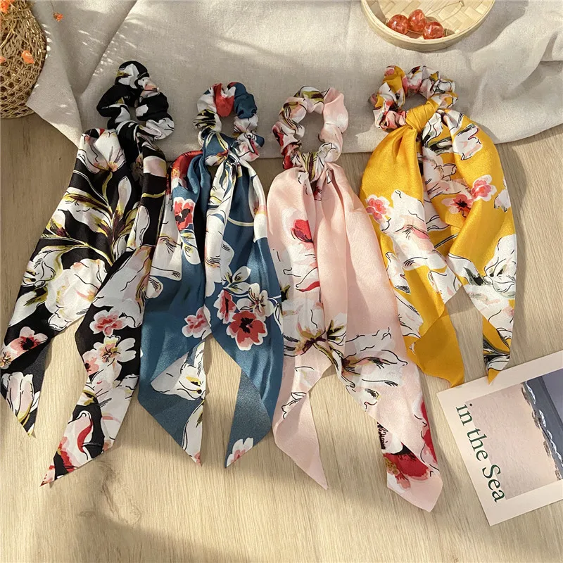 Fashion Dots Flower Printed Satin Girls Elastic Hair Bands Long Ribbon Ponytail Scarf Hair Tie Women Scrunchies Hair Accessories