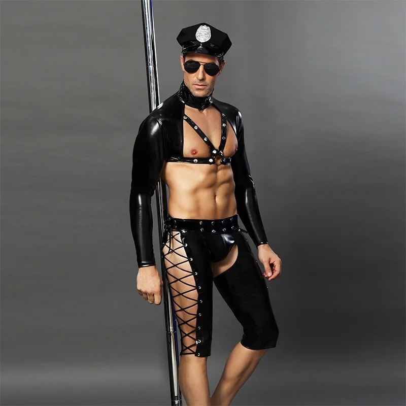 Мужские сексуальные костюмы, горячие эротические сексуальные костюмы для косплея, нарядное платье из ПВХ для копов, мужской костюм на Хэллоуин, полицейская униформа, комплект нижнего белья