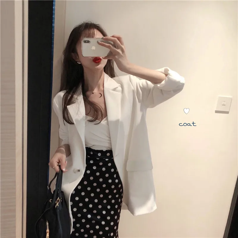

2019 Spring And Autumn New Style Korean-style White Suit Medium-length Loose-Fit Coat Casual Long Sleeve Commuting Small Convent