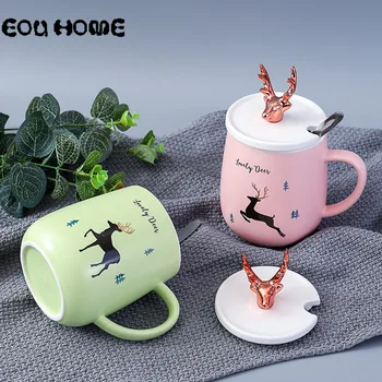 

Creative Antler Ceramic Mug Gold-plated Nordic Big Belly Cup with Lid Spoon Office Home Water Cup Kids Breakfast Milk Juice Cups