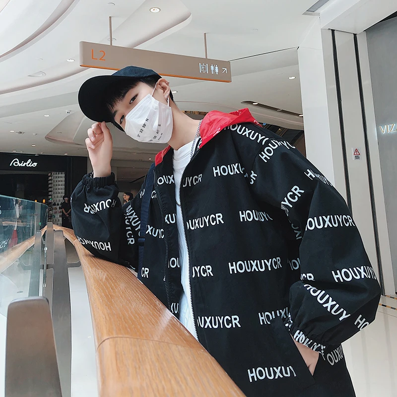 

Men's jackets new fall 2019 slim and fresh hooded monochrome print bat-sleeve jacket loose casual fashion youth men's wear