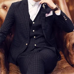 New High-Quality Slim-Fit Fine Lattice Notch Lapel Black Men's Suit Fashionable Groom 3-Piece(Coat +Pants + Vest + Handkerchief)