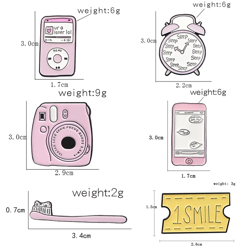 Розовая серия жизни брошь мультфильм MP3 камера Мобильная зубная щетка будильник поцелуй милый ребенок эмаль шпильки джинсовая рубашка значок подарки