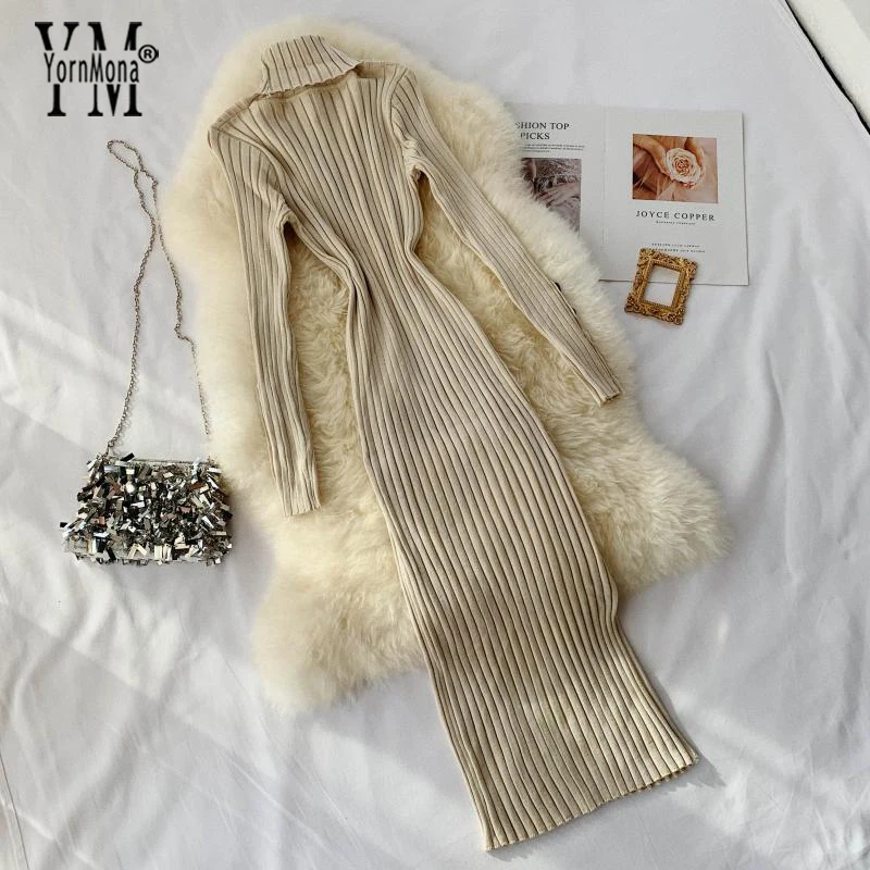 YornMona Warm Turtleneck Winter Dress New Chic Vintage Knitted Sweater Dress Fashion Button Long Sleeve Bodycon Long Dress
