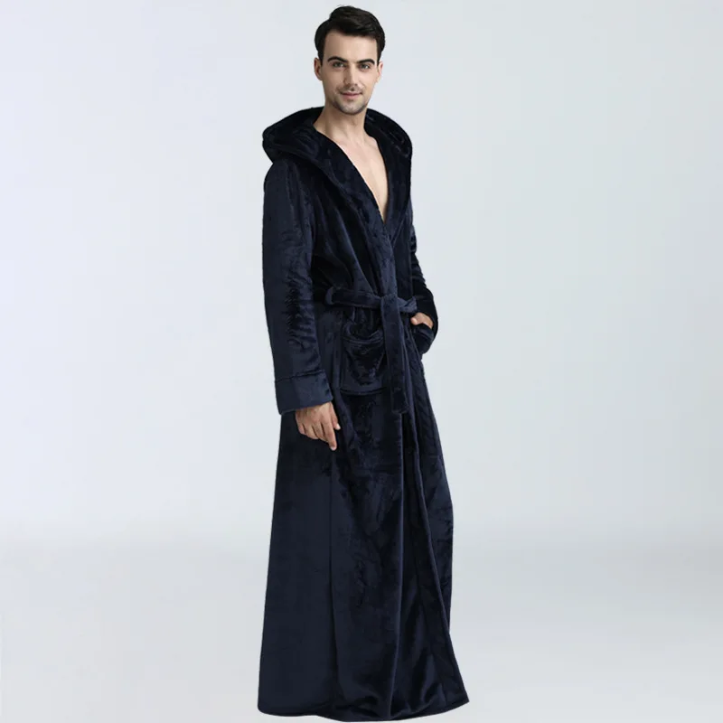 men navy blue New Men Winter Extra Long Hooded Thick Flannel Warm Bath Robe Male Dressing Gown Thermal Bathrobe Women Mens Luxury Kimono Robes - Цвет: men navy blue