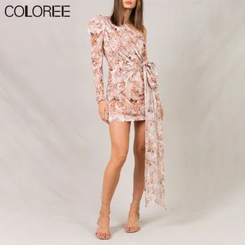 

Sexy One-shoulder Irregular Printed Mini Dresses For Women Autumn Vintage Draped Slim Runway Dress