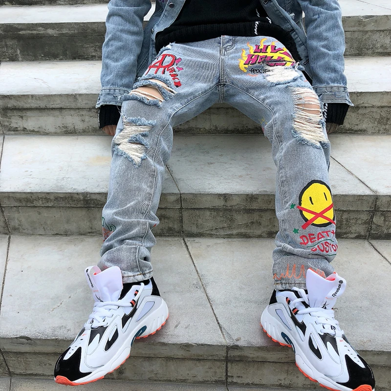 Skinny Jeans Pants Graffiti Ripped Trousers Painted Straight Men Large-Size Casual