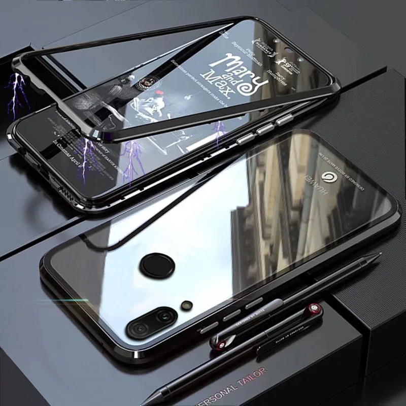 

YonLinTan Coque cover Case For Huawei Y7 Pro Prime 2019 Metal magnetic Frame magnetic Hard tempered glass Phone Back cases