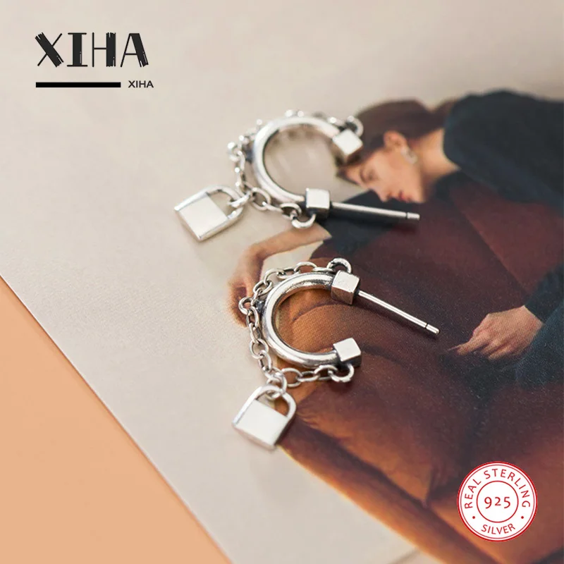 

Vintage C Cuff Dangle 925 Sterling Silver Stud Earrings for Women Trendy Chain Lock Earring Punk Jewelry for Kids Girls Teens
