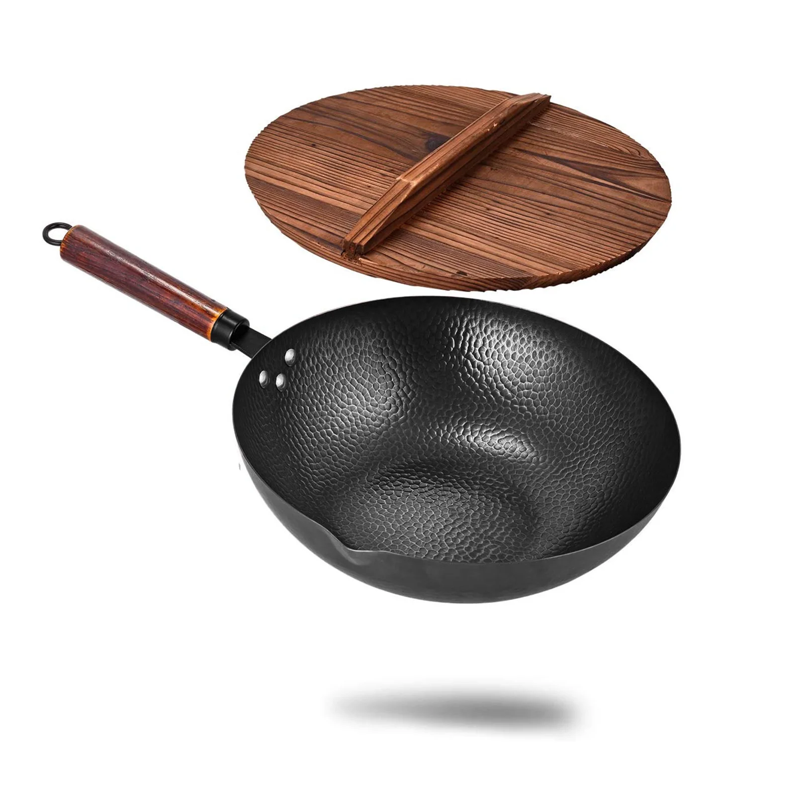 High Carbon Steel Stir Fry Pan Wok Pan with Lid 33cm Detachable Wood Handle 
