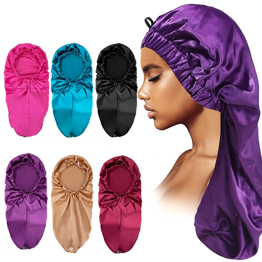 Description Picture 2 of itemLong Sleep Cap For Women 1 Pack Large Soft Elastic Band Satin Bonnet For Braids Dreadlocks Long Curly Hair 12 Colors Choose