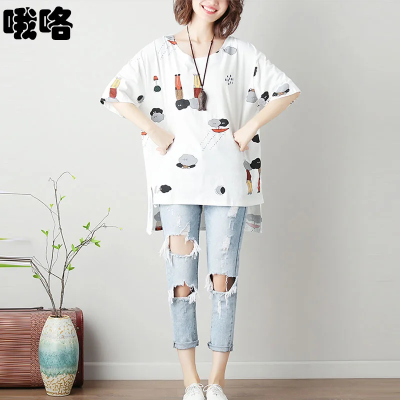 

Kawaii Cartoon T-Shirt Women 2020 Summer Fashion Printing T-Shirt Plus Size Korean Cartoon Cotton Irregular Loose Tops Femme