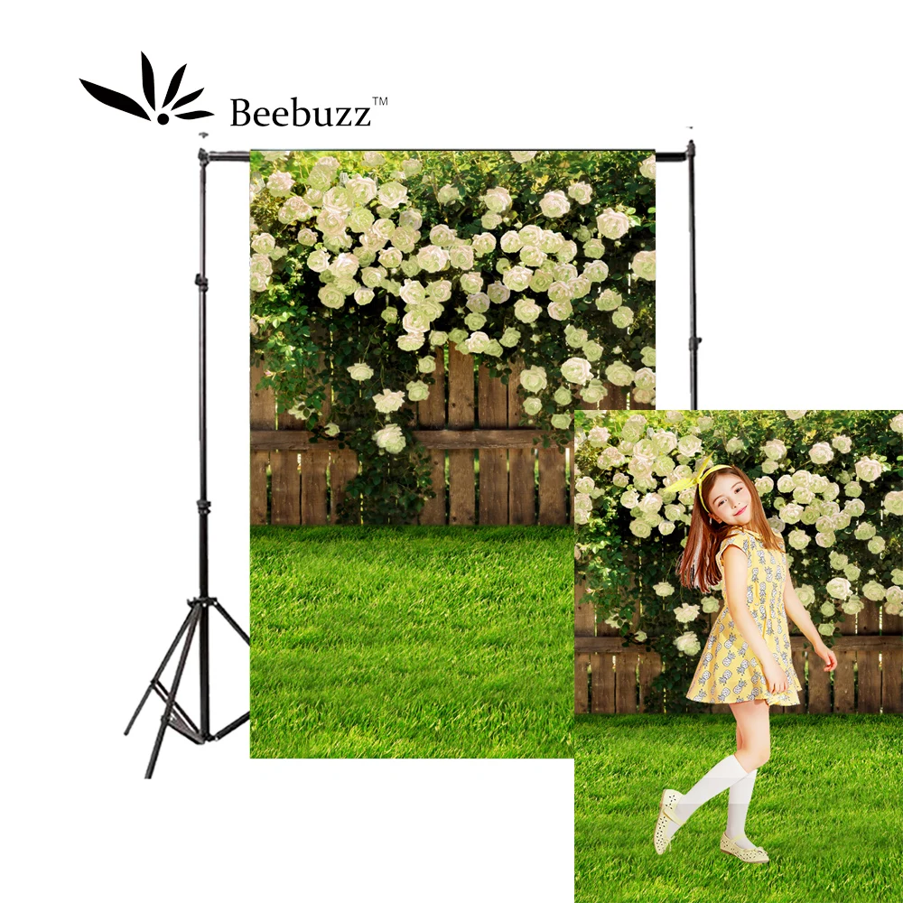 

Beebuzz photo backdrop wooden fences and white flowers in the garden backgroung studio and family portraits photophone