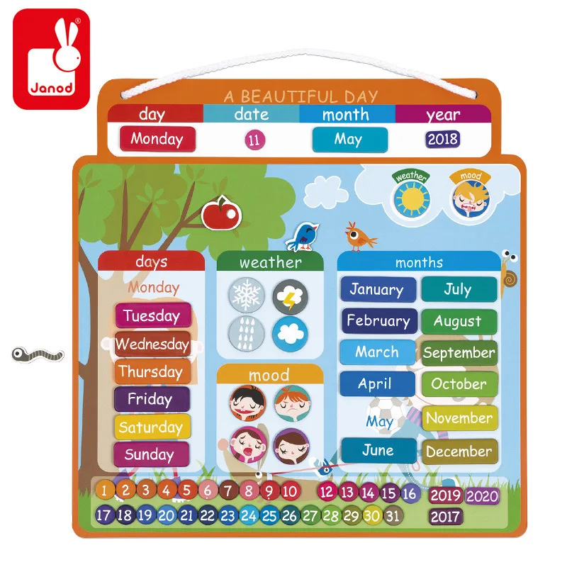 

Janod Children Magnetic Learning Hanging Plate Weather Calendar Time 68 PCs 3-6-Year-Old English Early Childhood Educational Toy