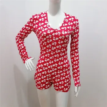 

Female Jumpsuit, Heart Print V-Neck Long Sleeve Bodysuit Nightwear for Womens