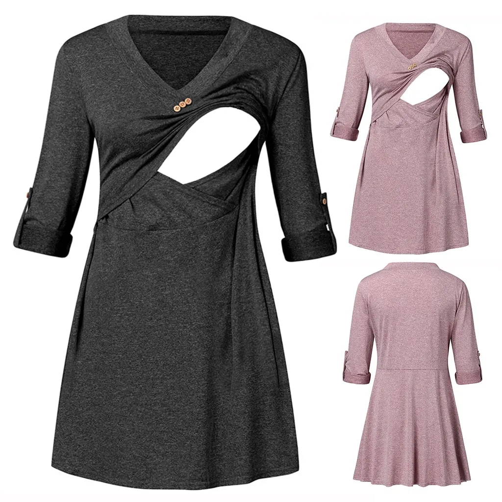 Women Maternity V Neck Rolled Up Sleeve nursing clothes breastfeeding Shirts Tops For Breastfeeding abrigo premama#y2