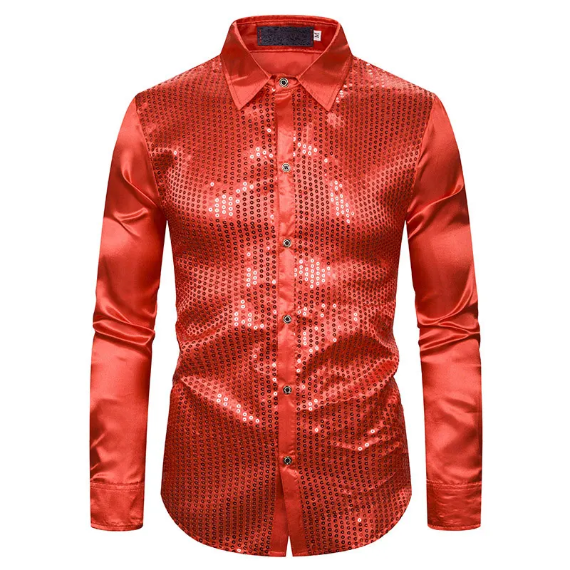 Роскошные мужские рубашки с блестками, шелковые Атласные Рубашки с длинным рукавом, блестящие рубашки для дискотеки, ночного клуба, мужские вечерние рубашки для сцены - Цвет: red