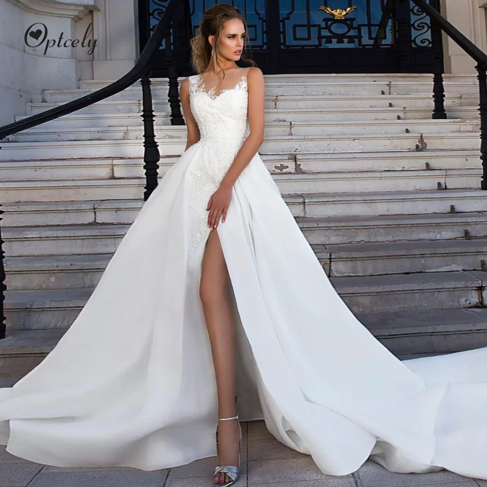 Optcely Real Photo Beautiful O-Neck Wedding Dress Sleeveless Sexy Slit Lace Embroidery Beaded Sweep Trains Robe De Mariee